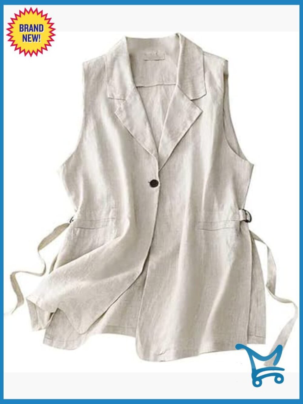 Sleeveless Notch Lapel Vest - Linen Blend, Side Pockets, Adjustable Belt